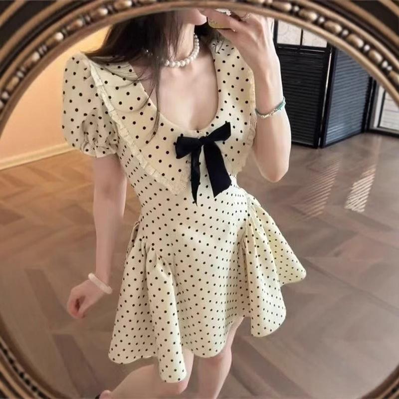 French daughter style bow short-sleeved polka dot dress women's summer new waist thin chic beautiful skirt