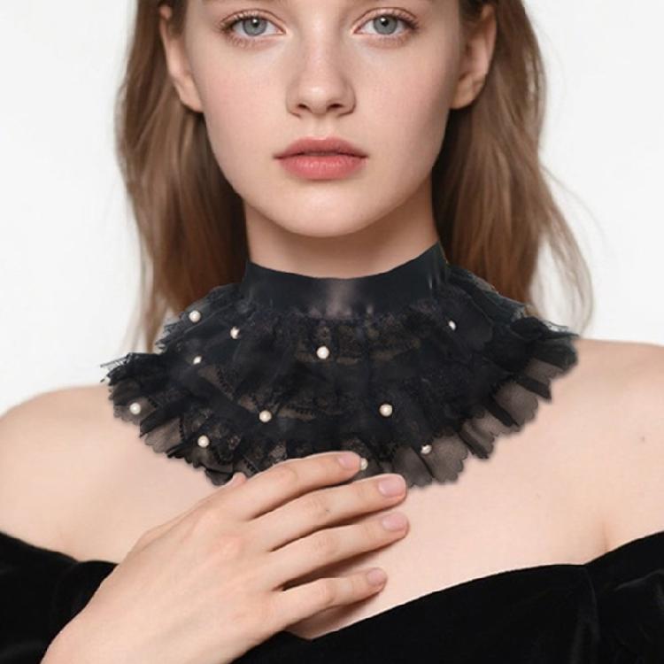 Stylish 3 Layer Pearls Beaded Detachable Collar Lace Choker Necklace Accessory For Formal And Casual Wear