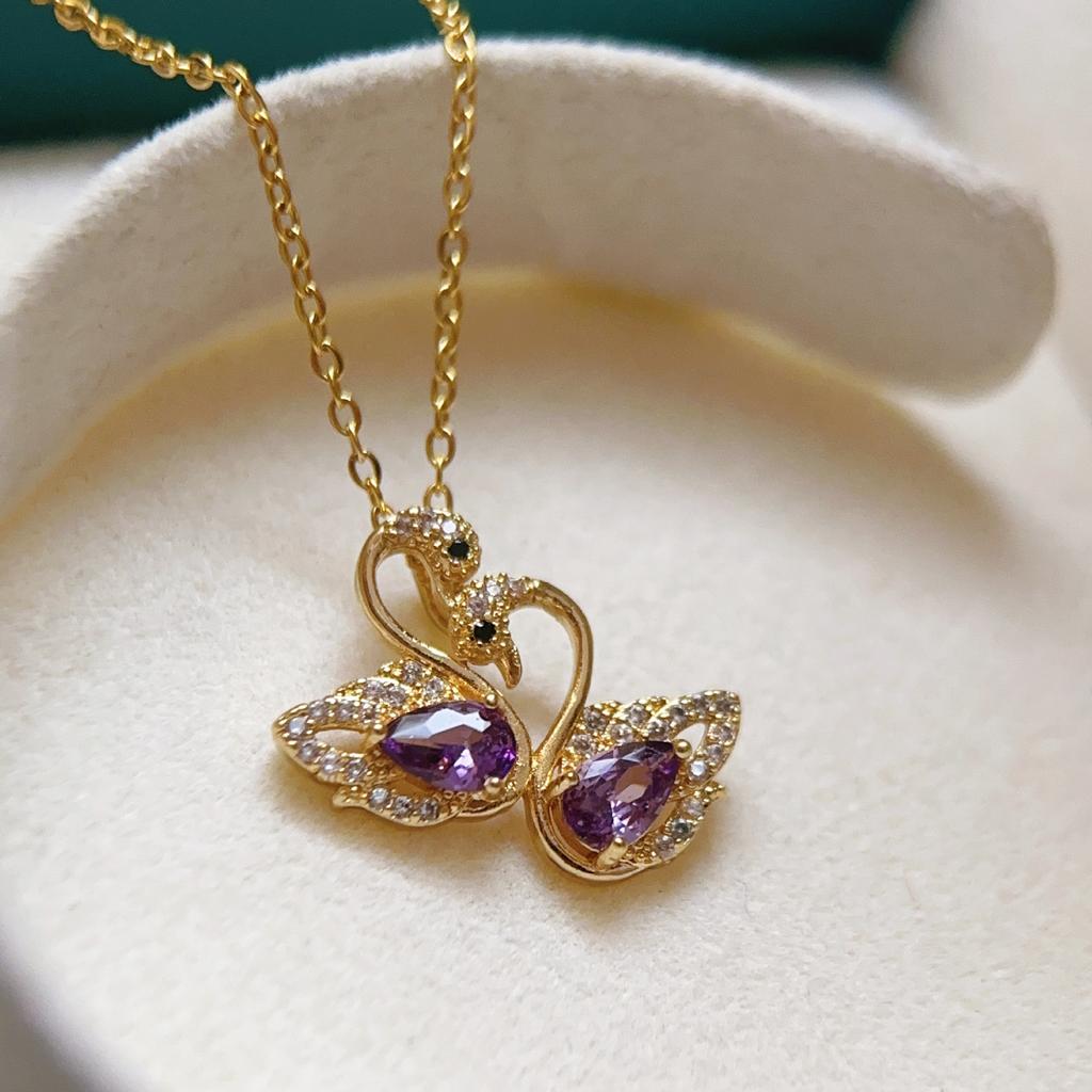 New micro-inlaid copper-plated real gold double swan necklace for women, purple mandarin duck pendant, popular online