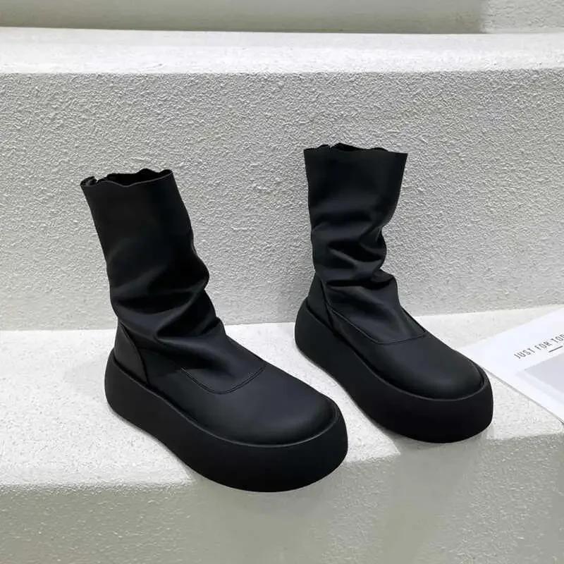 

Модные массивные женские ботфорты до колена, модные слипоны, рыцарские длинные ботильоны, женские ботинки на платформе, обувь на плоской подошве, осенне-зимняя женская обувь 35 чёрный