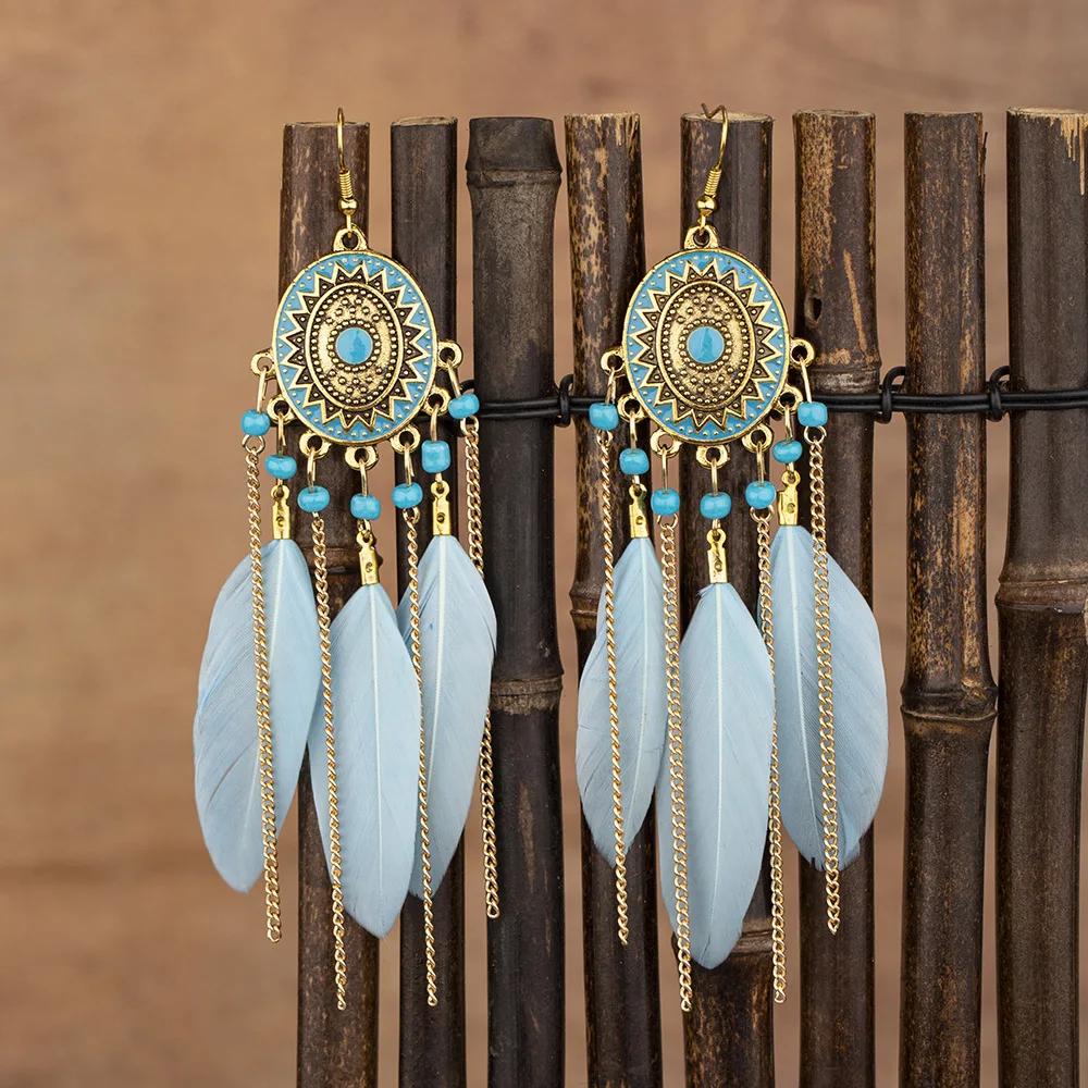 Ethnic Colorful Feather Tassel Earrings For Women Long Chain Beads Drop Dangling Earrings Girls Vintage Jewelry Accessories