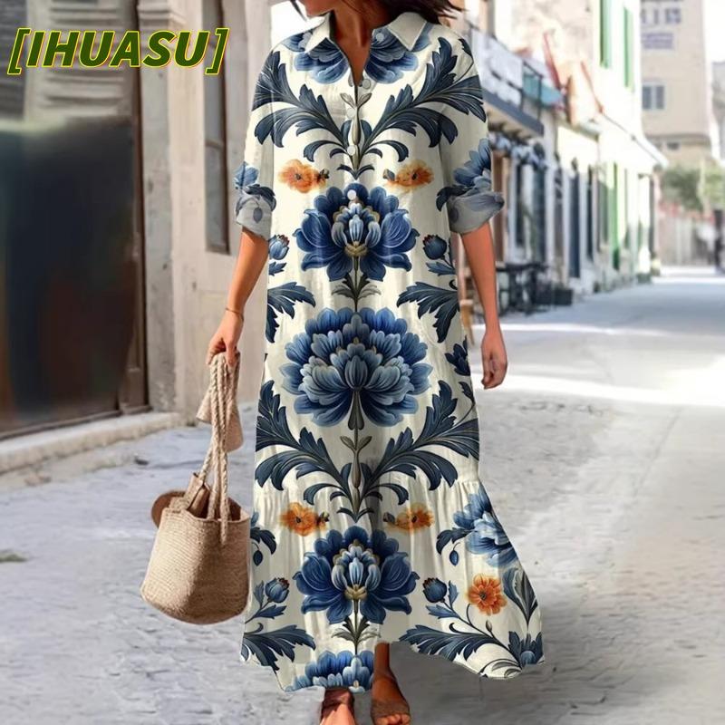 IHUASU Fashion Autumn Winter Long Sleeve POLO Neck Casual Dresses