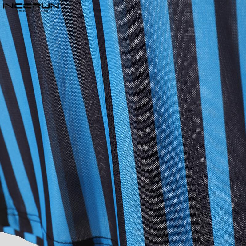 INCERUN Two-piece Men Long Sleeve Striped Mesh Sheer Crop Tops Bow Elastic Waist Pants Sets