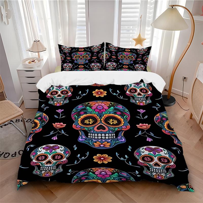 3-teiliges Day of the Dead Zuckerschädel Bettwäsche-Set mit einer Bettbezug und zwei Kissenbezügen (Keine Füllung), Festliches Geschenk für Schlafzimmerdeko - Polyestergewebe