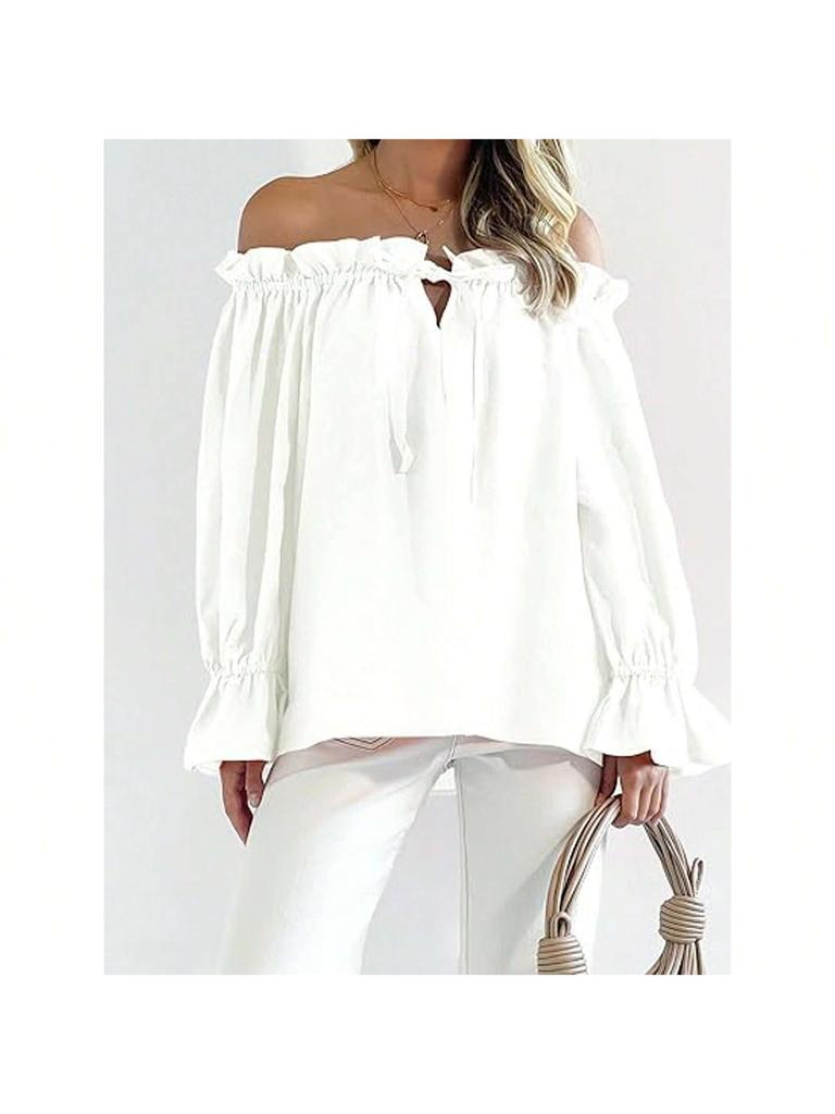 Damen Schulterfrei Bluse Langarm Rüschen Tunika Top Elegant Lässig