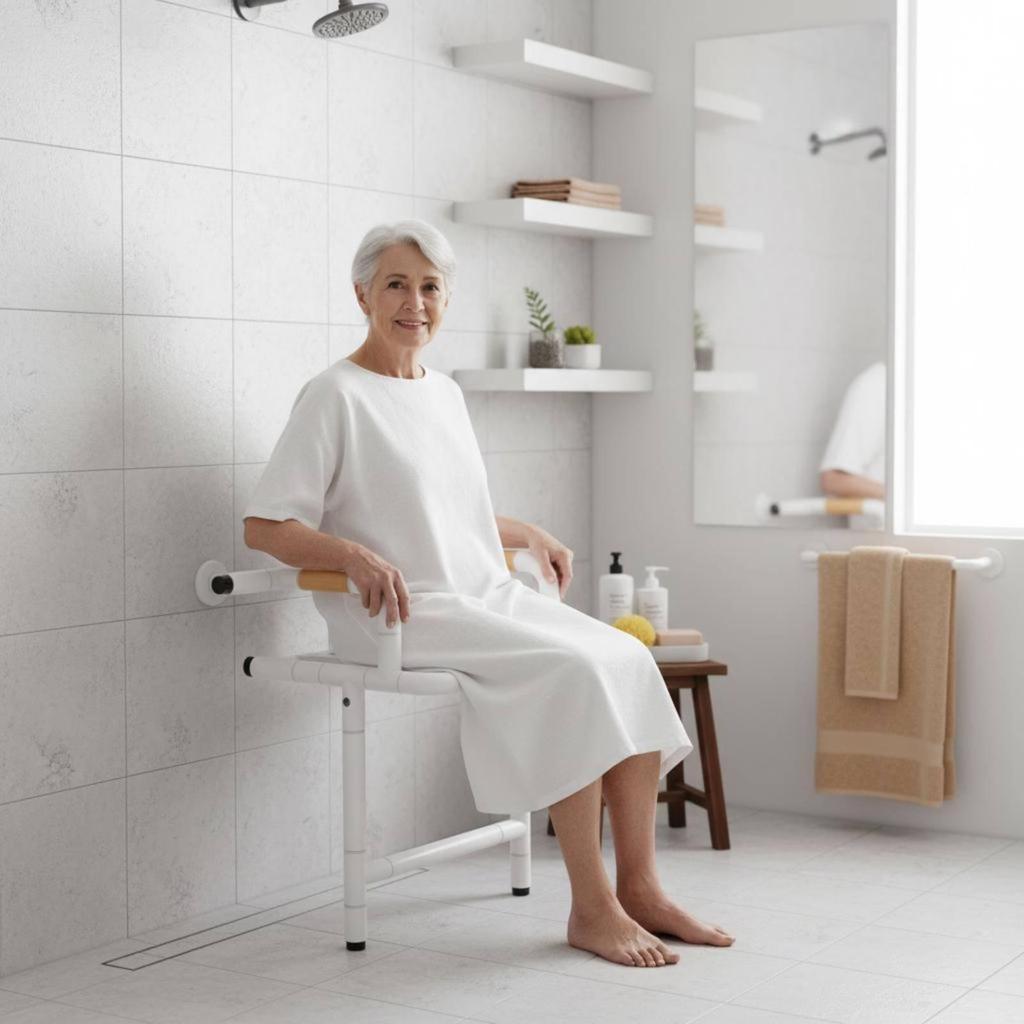 Wall-Attached Shower Chair Space Saving Folding Bath Seat Easy To Clean