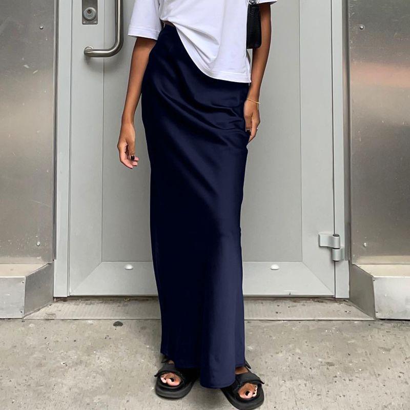 

Solid Color High Waisted Half Length Skirt Pure Color High Waist Long Skirt Navy S