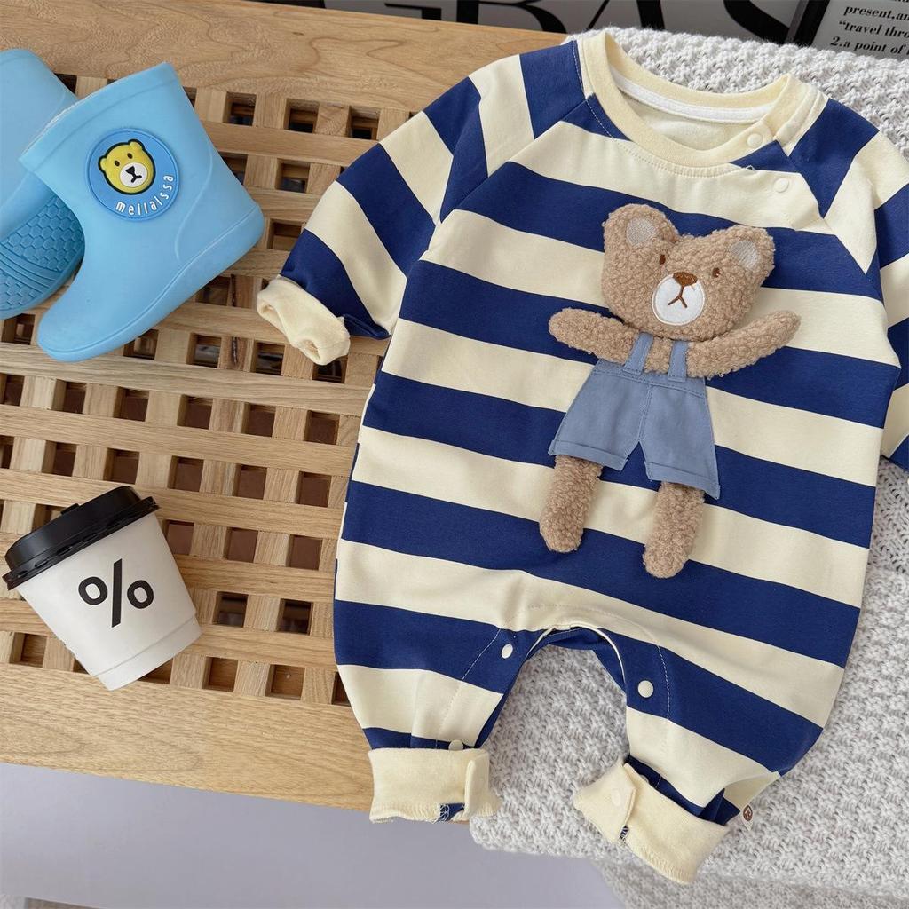 Levinjia Baby Strampler mit Streifen und kleinem Bären - Langarm-Body für Jungen und Mädchen für Frühling/Herbst
