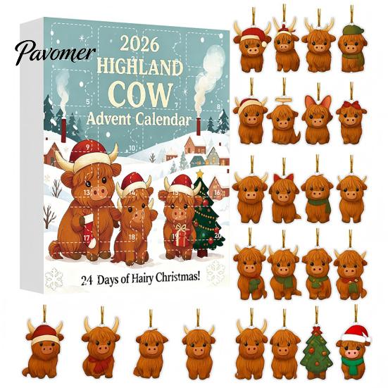 Decorative Acrylic Charms Highland Cow Christmas Advent Calendar with 24 Ornaments, Festive Countdown Unique Decorations Box for Holiday Tree Hanging