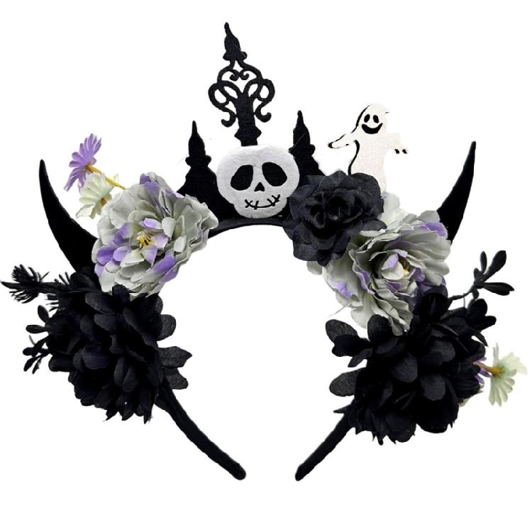 

Dark Series Flower Hairband with Skull Decors For Women Girl Halloween Costume Party Role Playing Accessory Headpiece чорний
