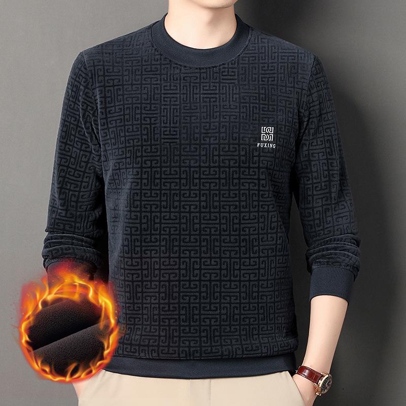Men's Double-Sided Chenille Jacquard Round Neck Hoodie, Velvet-Lined, Loose Fit, Winter 2025 Warm Top