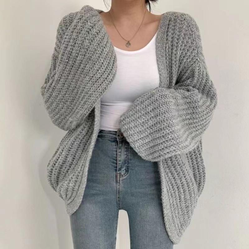Thick thick needle sweater women's autumn and winter coat women's lantern sleeve knitted cardigan solid color versatile lazy style