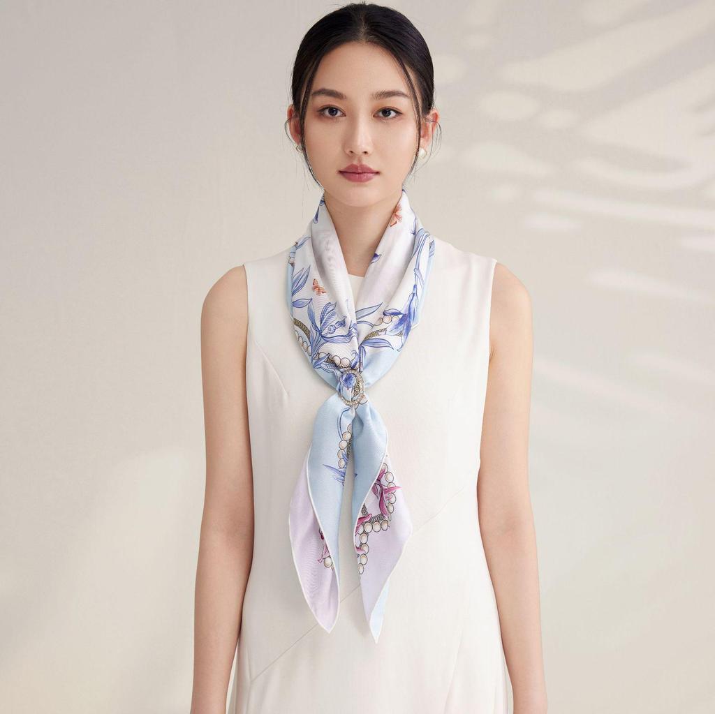 Daylily Chinese Style Mulberry Silk Scarf - Double-Sided 90cm Square with Creative Design