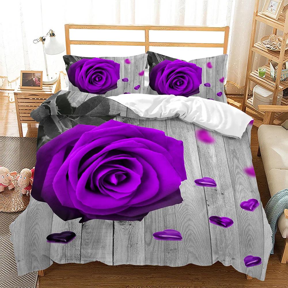 Purple Rose King Queen Duvet Cover Beautiful Butterflies Flowers Bedding Set For Teen Adults Floral 2/3Pcs Polyester Quilt Cover