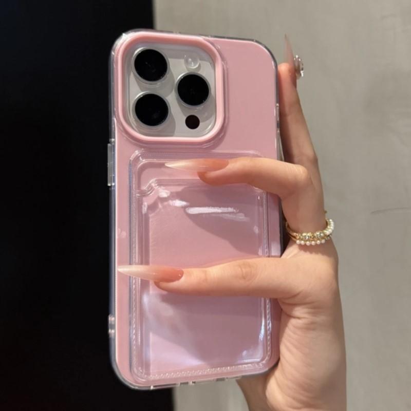 2in1 Card Holder Slot Wallet Po Pocket Clear Candy Color Case For iPhone 16 15 14 13 12 Pro Max TPU+PC Shockproof Cover