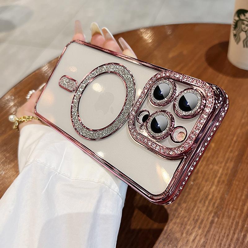 Luxury Plating Glitter Magnetic For Magsafe Case For iPhone 15 13 12 11 14 Pro Max Diamond Lens Protection 15 14 Plus Back Cover