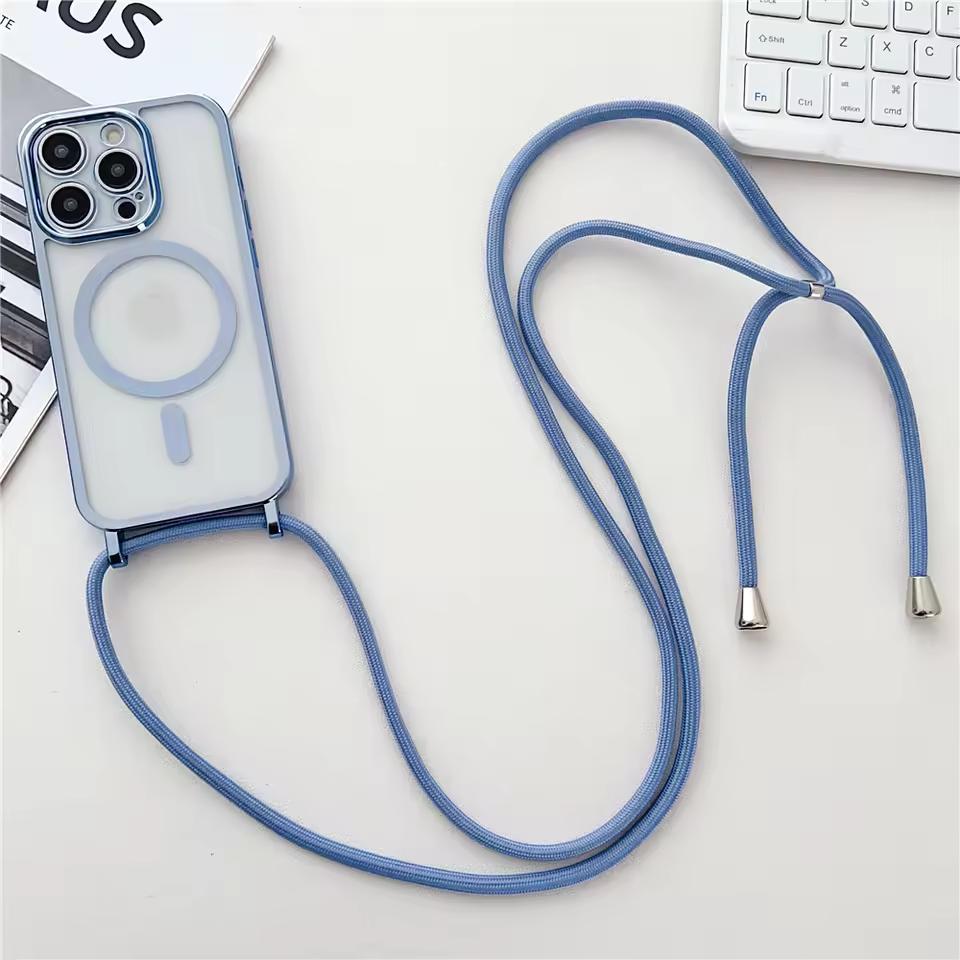 Luxusní šňůrka na krk Lanyard Pokovování Magnetický Průhledný Kryt na Telefon Pro iPhone 17 16 15 14 13 12 Pro Max 11 Pro Magsafe Měkký Kryt