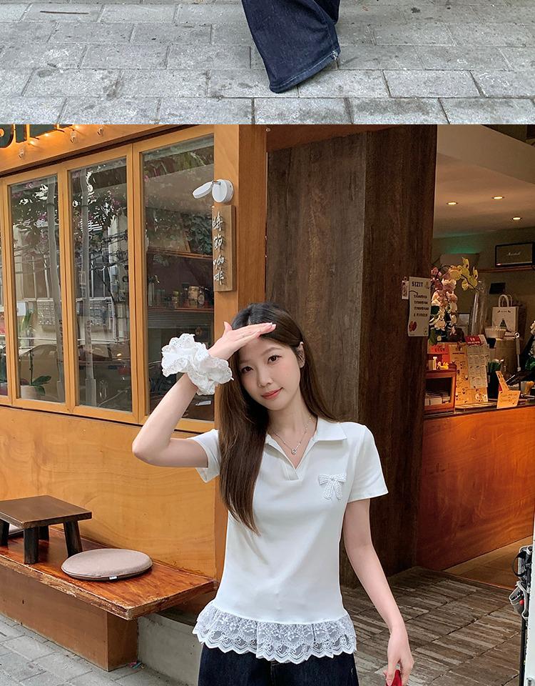Plus Size Lace Hem Bow Collar Short Sleeve Top for Women - Summer Slimming Polo Style