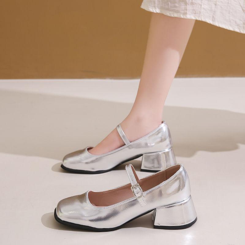 2025 New Summer Mary Jane Women's Shoes Thick Heel Temperament Silver Single Shoes with Skirt French High Heels Small Leather Shoes