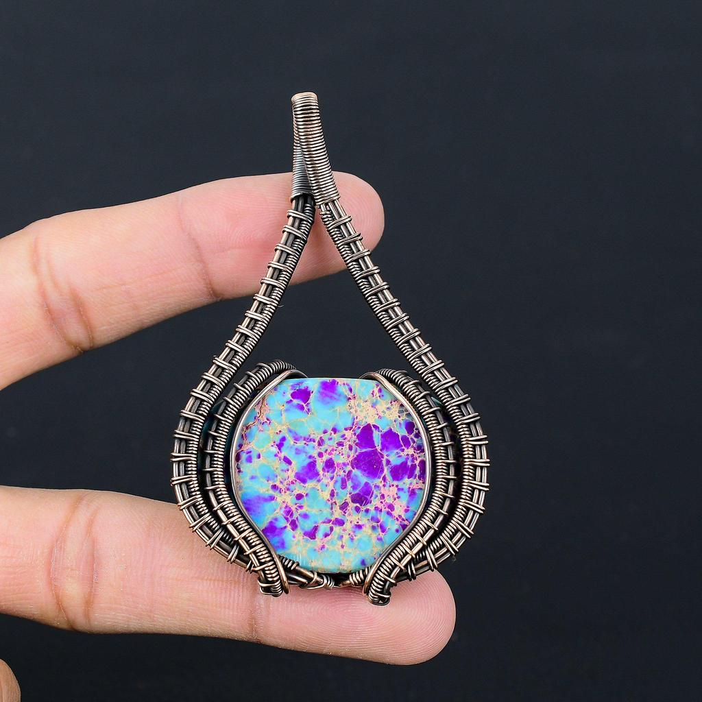 Blue Sea Sediment Gemstone Pure Copper Wire Wrapped Handmade Jewelry Pendant