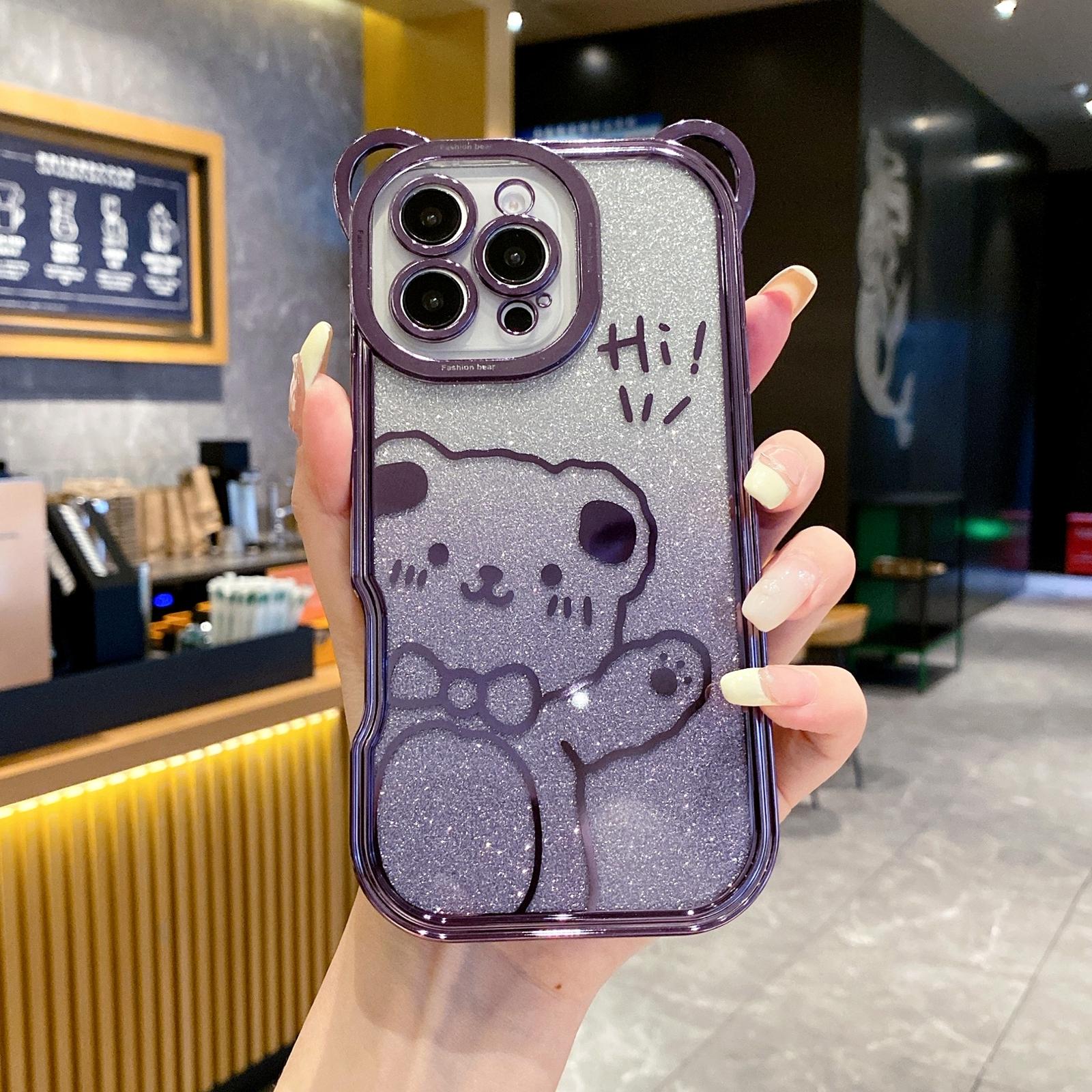 

For iPhone 16 Pro Case Cute Bear Electroplating TPU Phone Cover with Gradient Glitter Paper Silver