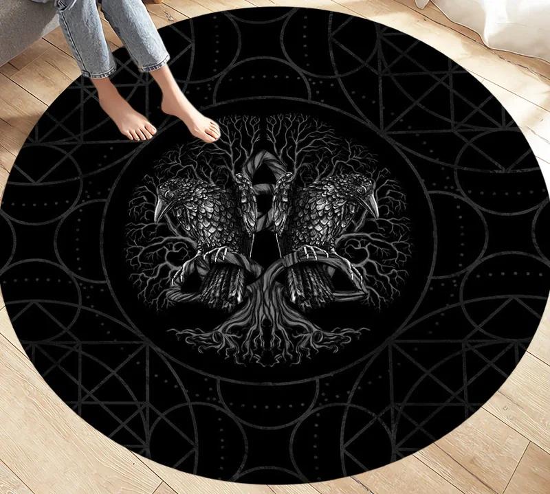 Viking Valknut Yggdrasil Tree of Life Area Rug Round Carpets Rugs for Living Room Bedroom Foot Pad Decoration Non-slip Floor Mat
