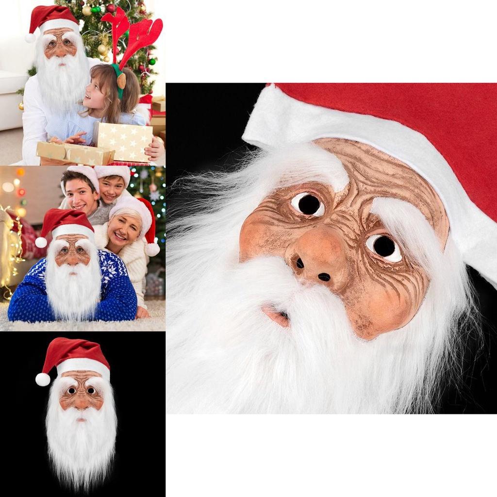 Christmas Latex Santa Claus Cap With White Beard Mask Role Play Fun Props