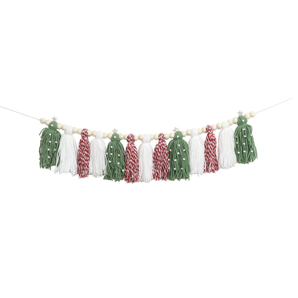 Tree Ornament - Nordic-Inspired Fleece Beads, Green & Pink Pom-Pom Tassels, Versatile Wall Decor for Holiday Celebrations