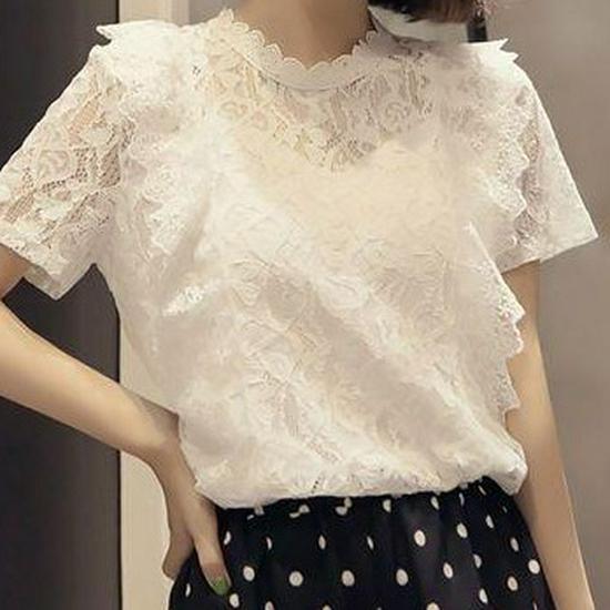 Women's Summer Chiffon Lace Shirt - Short Sleeve, Hollow Out, Korean Style, Versatile Plus Size Top