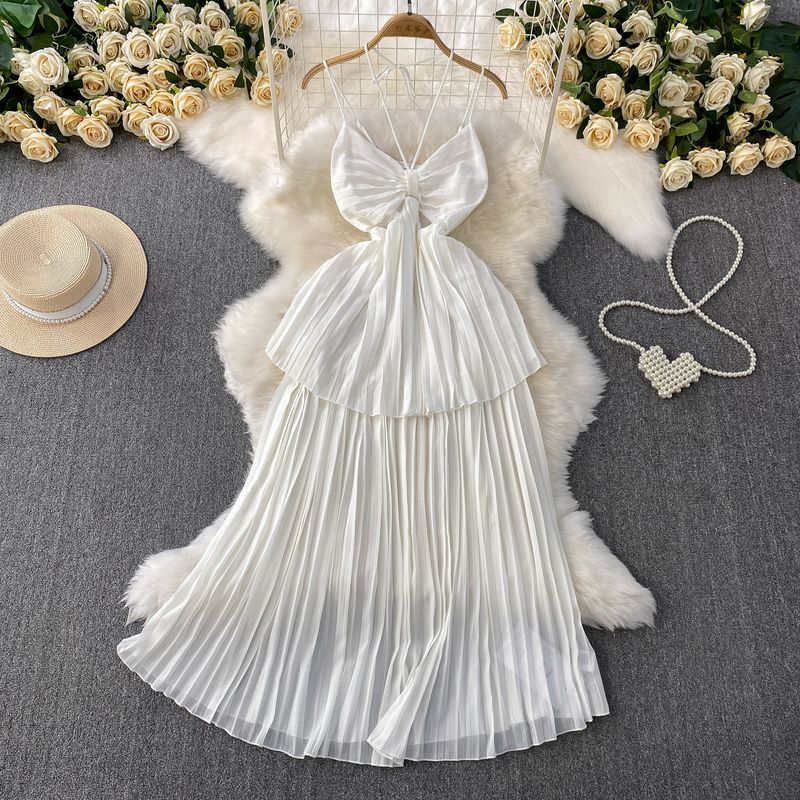 Vacation Sexy Hollow-out Bow V-neck Hanging Neck Sling Dress Women Summer Waist Hugging Slimming Pleated Cake Skirt