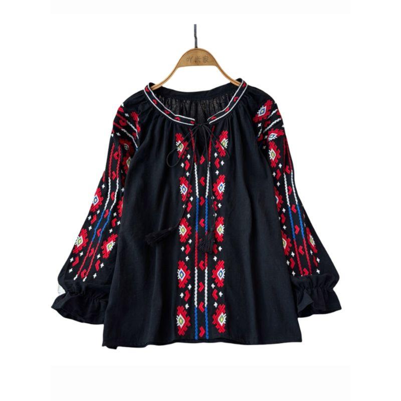 Ethnic Style Retro Embroider Tops Women's Clothing 2024 Summer New Arrival Loose Lace-up Slim Fit Slimming Puff Sleeve Shirt