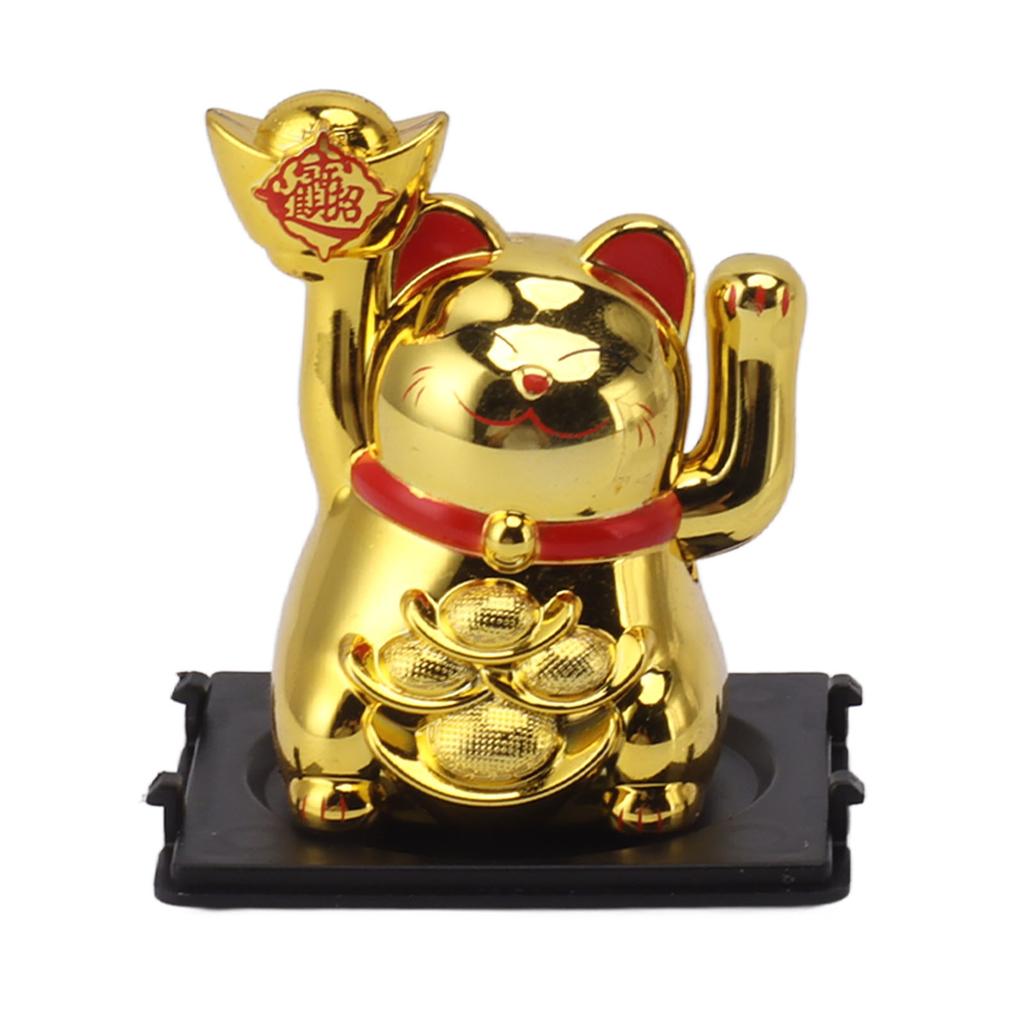 2in Solar Powered Waving Arm Lucky Cat Ornament Welcoming Waving Hand Wealth Fortune Cat Gold