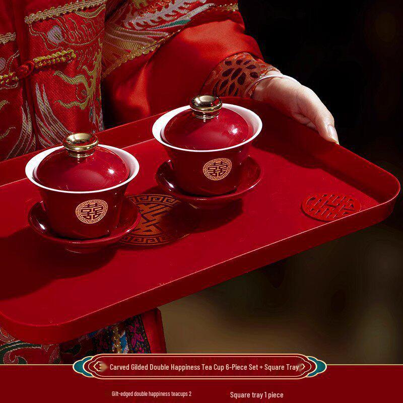 Wedding Ceremony Bowl Set: Tea Cup, Marriage Chopsticks, Toast Bowl, Bride's Dowry Utensils, Chinese Bowl, Chopsticks & Spoon Set