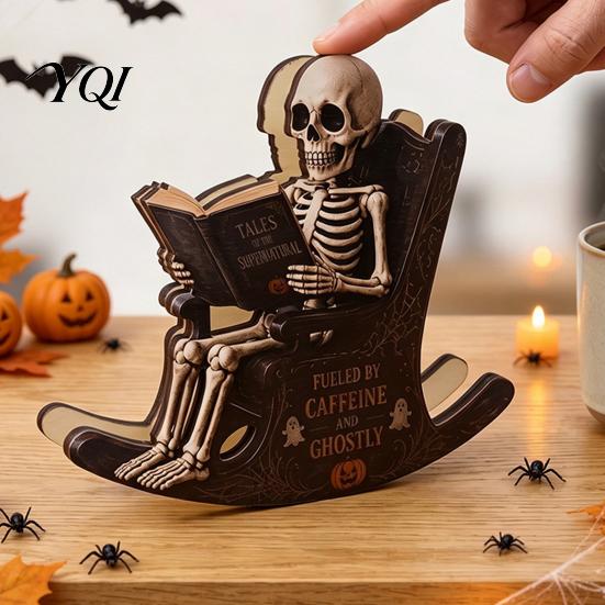 Spooky Bookshelf Ornament Halloween Rocking Chair Ghost/Skeleton Ornament, Wooden Desktop Decoration, Dynamic Skeleton Reader Decor Ghost Figurine for