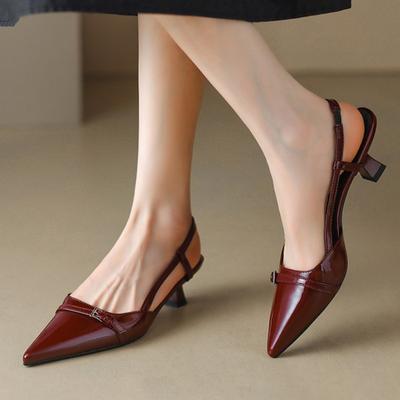 Summer Women's Dress Shoes Patent Leather Slip On Pointed Toe Sandals Buckle Slingbacks Mid Heels Pumps Sandalias Mujer