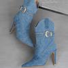 Fashion Fashion Denim Belt Buckle Pointed Toe Women Ankle Boots Shoes Sexy Thin High Heels Party Prom Zipper Botas Para Mujer
