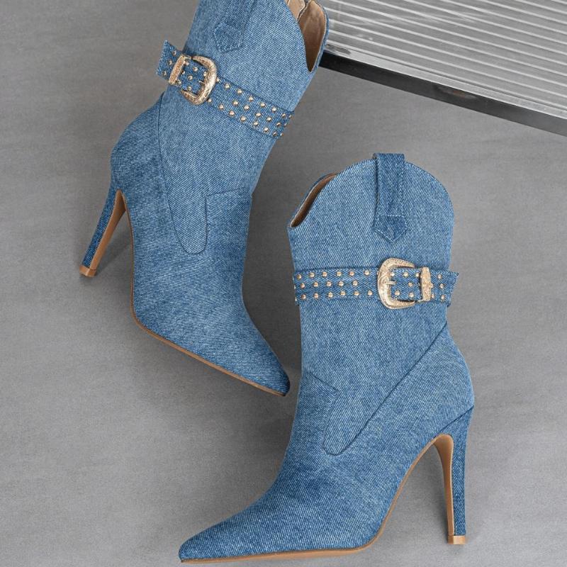 Fashion Fashion Denim Belt Buckle Pointed Toe Women Ankle Boots Shoes Sexy Thin High Heels Party Prom Zipper Botas Para Mujer