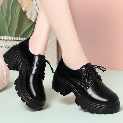 Platform British Black Women's Leather Shoes Fashionable Foreign Style Lace-up Thick Heel Women's Shoes New Comfortable Single Shoes