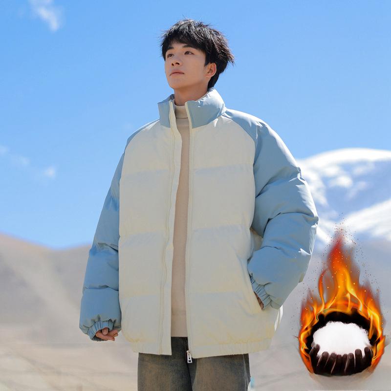 Cotton Coat Men's New Winter Style Japanese Style Fresh and Trendy Color Matching Stand-up Collar Thickened Bread Coat Cotton Coat Couple