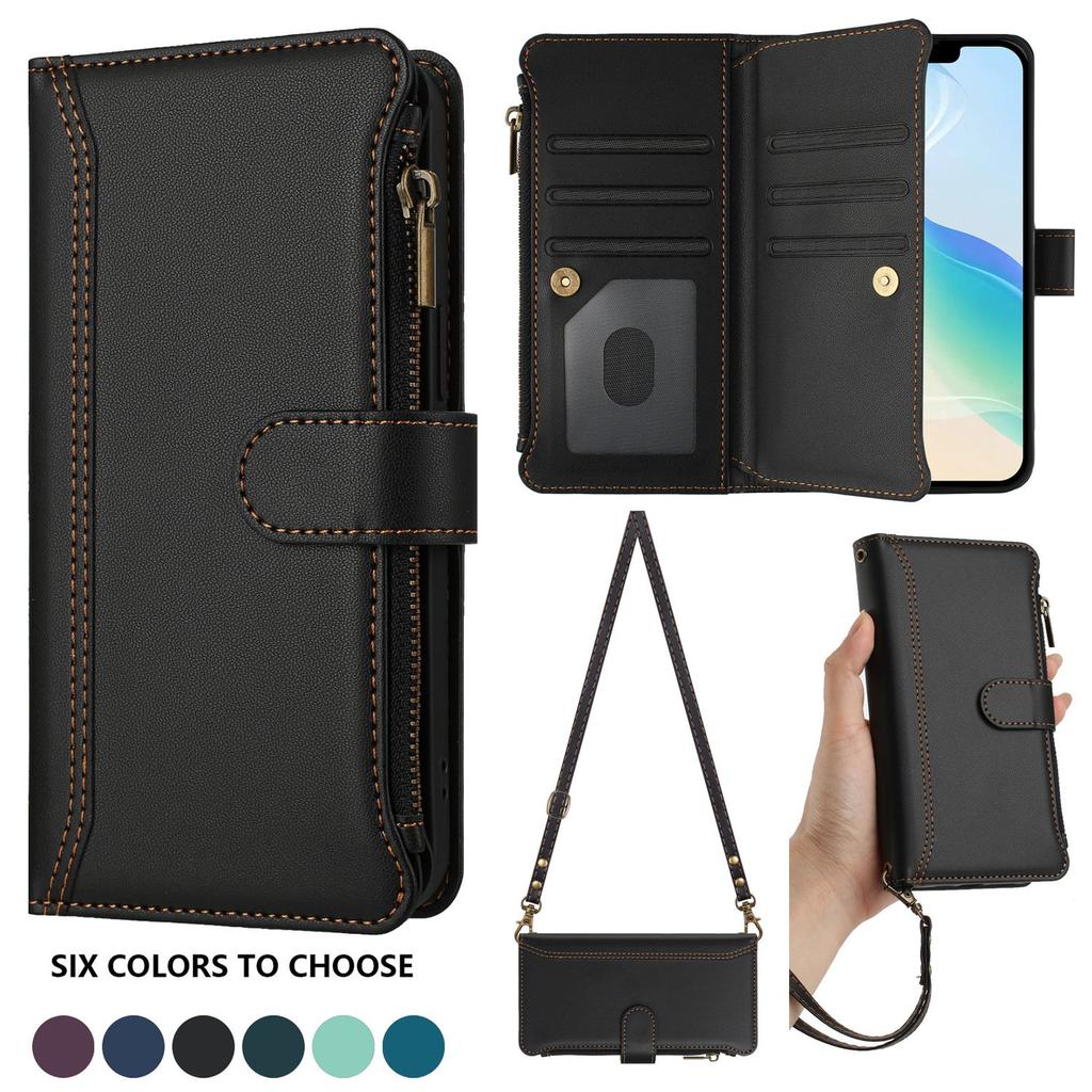 Leather Wallet Flip Case For Doogee N55 Plus N60 Pro Note 58 59 56 56x with Card Slots, Zipper Pocket, Crossbody Strap and Wristlet