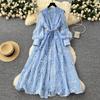 Abito Lungo Elegante Vintage da Donna Collo Alto Maniche a Lanterna Monopetto Ricami in Pizzo Cintura Annodata Abito Maxi Outfit Formale per Festa Primaverile