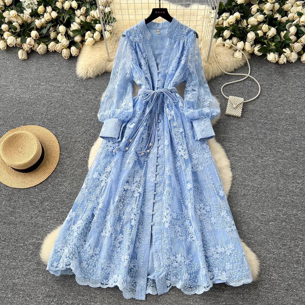 Abito Lungo Elegante Vintage da Donna Collo Alto Maniche a Lanterna Monopetto Ricami in Pizzo Cintura Annodata Abito Maxi Outfit Formale per Festa Primaverile