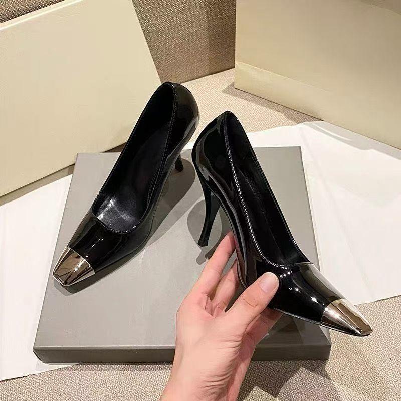 Premium Temperament Explosive Black Bag Head Sandals 2025 Metal Patent Leather Square Head High Heels Thin Heel Versatile Single Shoes Women