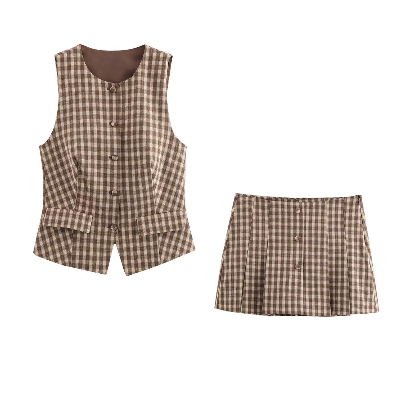 

2025 Spring Women s Plaid Sleeveless Vest & High-Waist Culottes Set XS коричневый