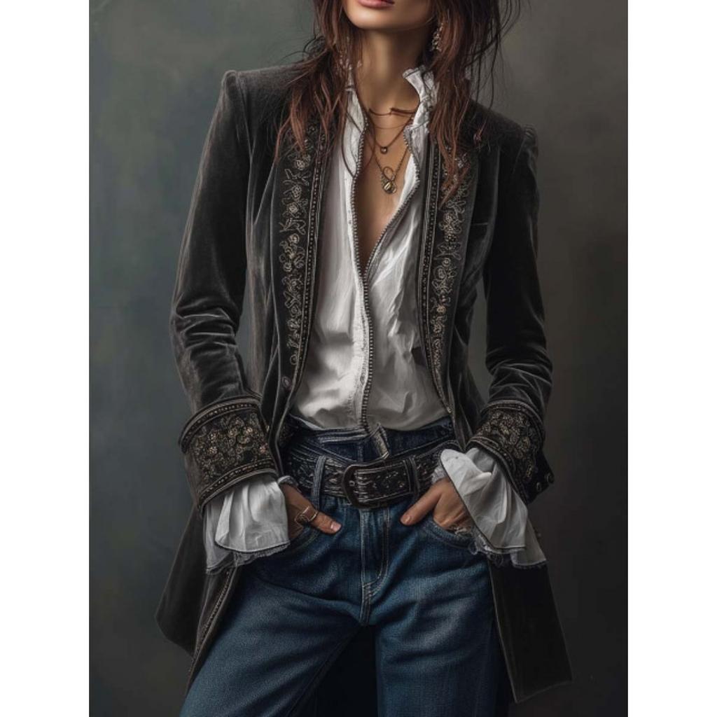 Women's European American Style Solid Color Patchwork Lace Velvet Long Sleeve Coat