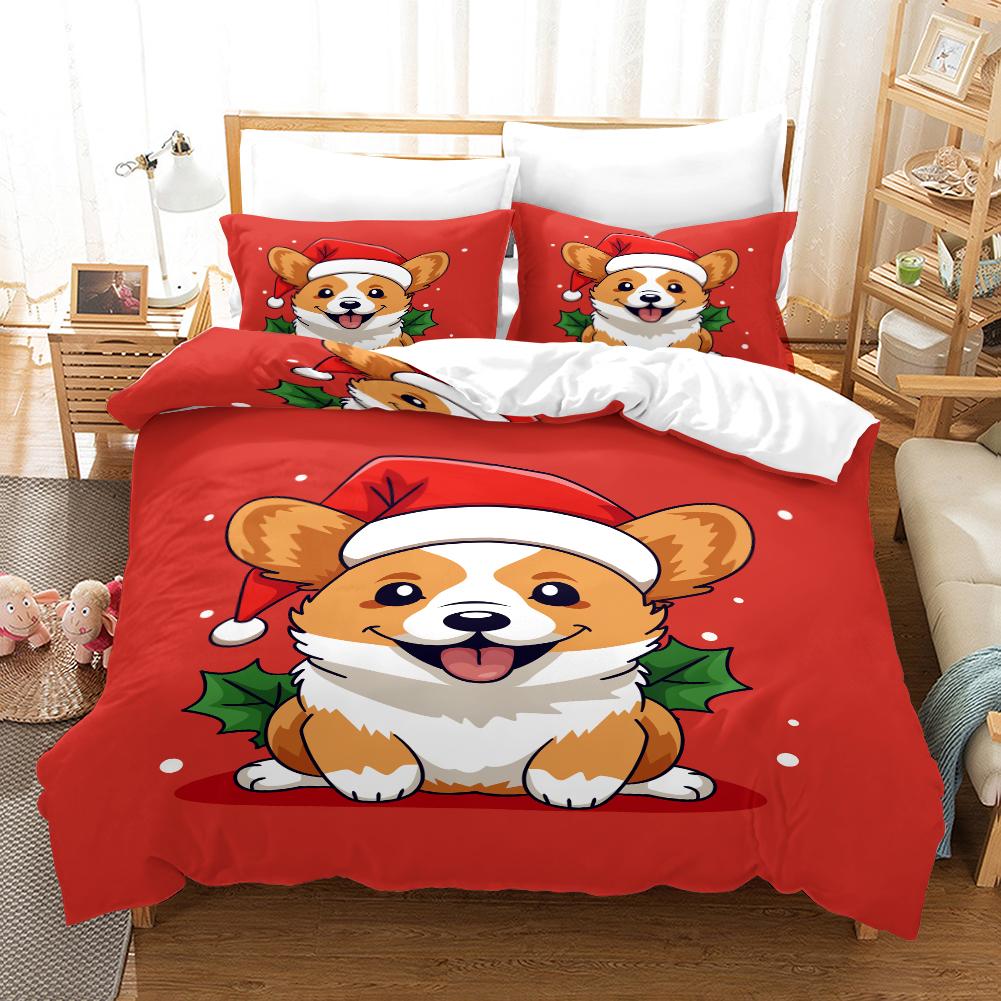 Weihnachten - Hund - Stil Digital bedrucktes Bettbezug-Set - Polyester - Schlafzimmerdeko - 1 Bettbezug + 2 Kissenbezüge (kein Kissenkern)