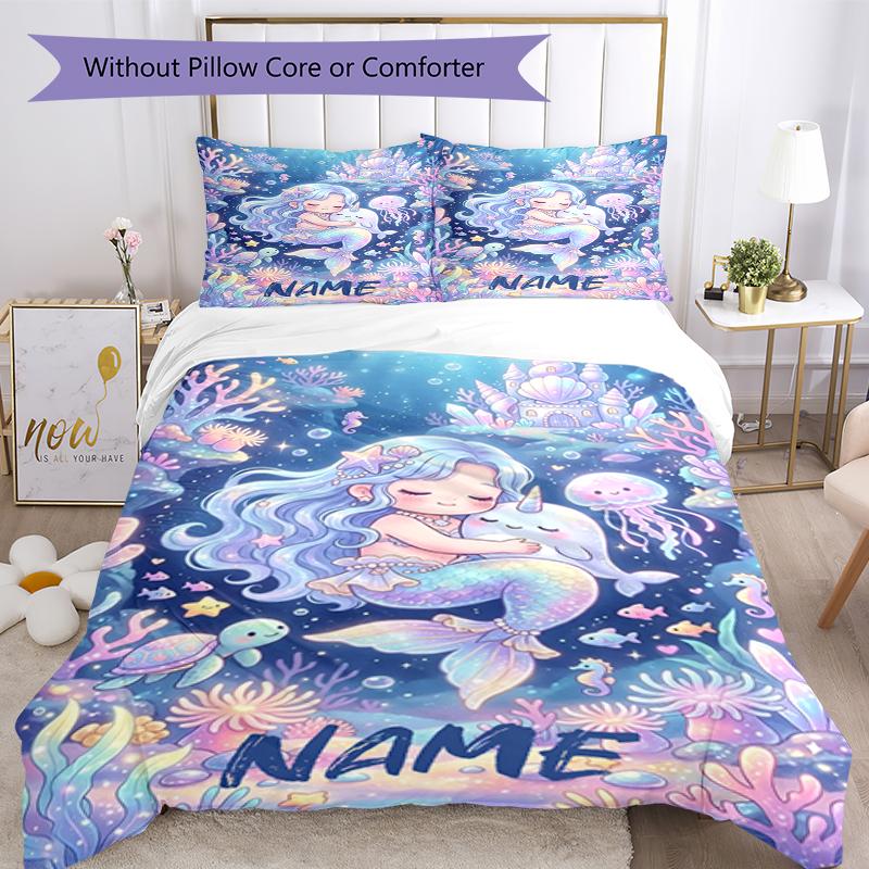 3pcs Custom Name Mermaid Bedding Set Duvet Cover Closure Includes 1 Duvet Cover & 2 Pillowcases, Soft and Comfortable for All Seasons.