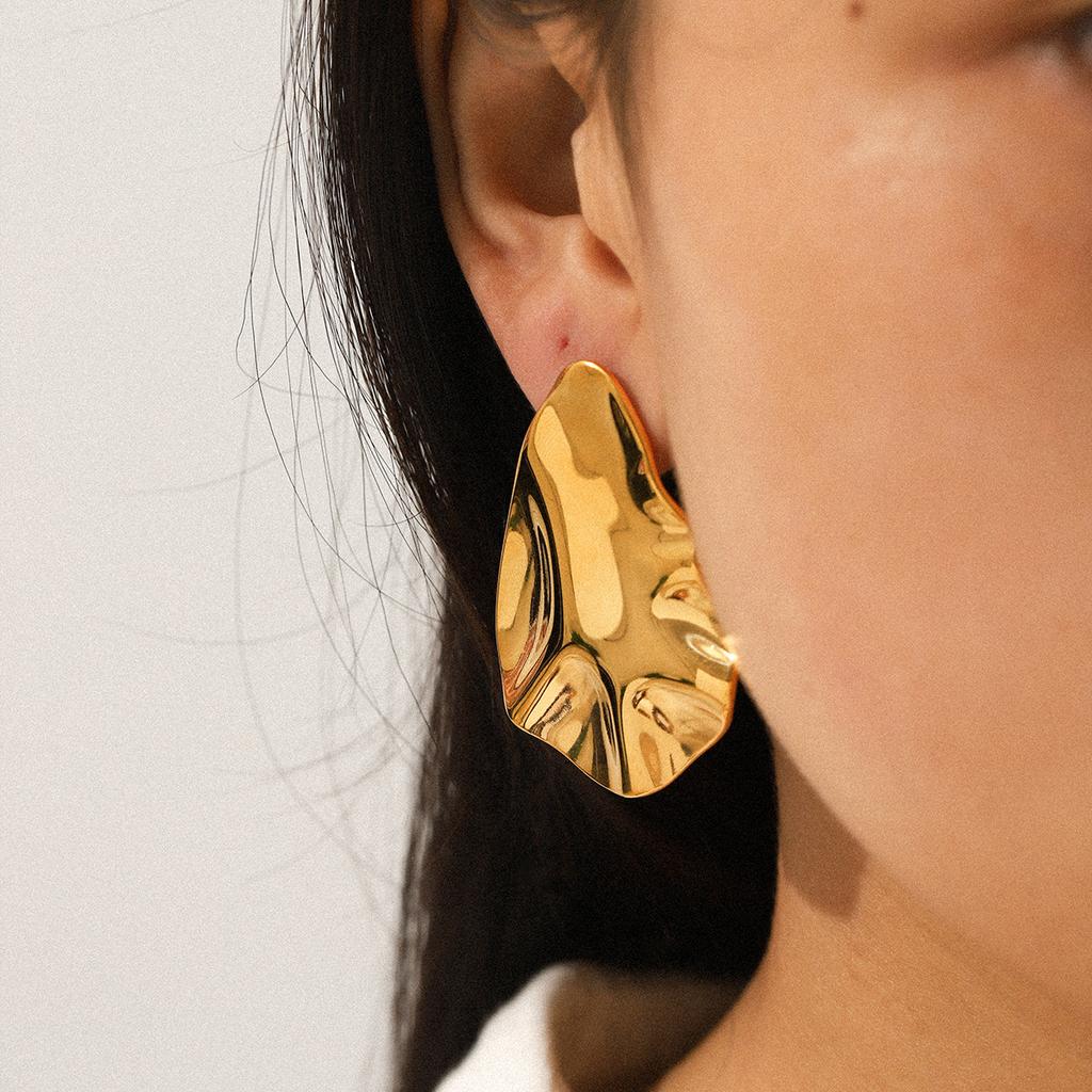 18k Gold Hammered Texture Earrings for Women, Irregular Studs, Premium Light Luxury Ear Jewelry, Versatile