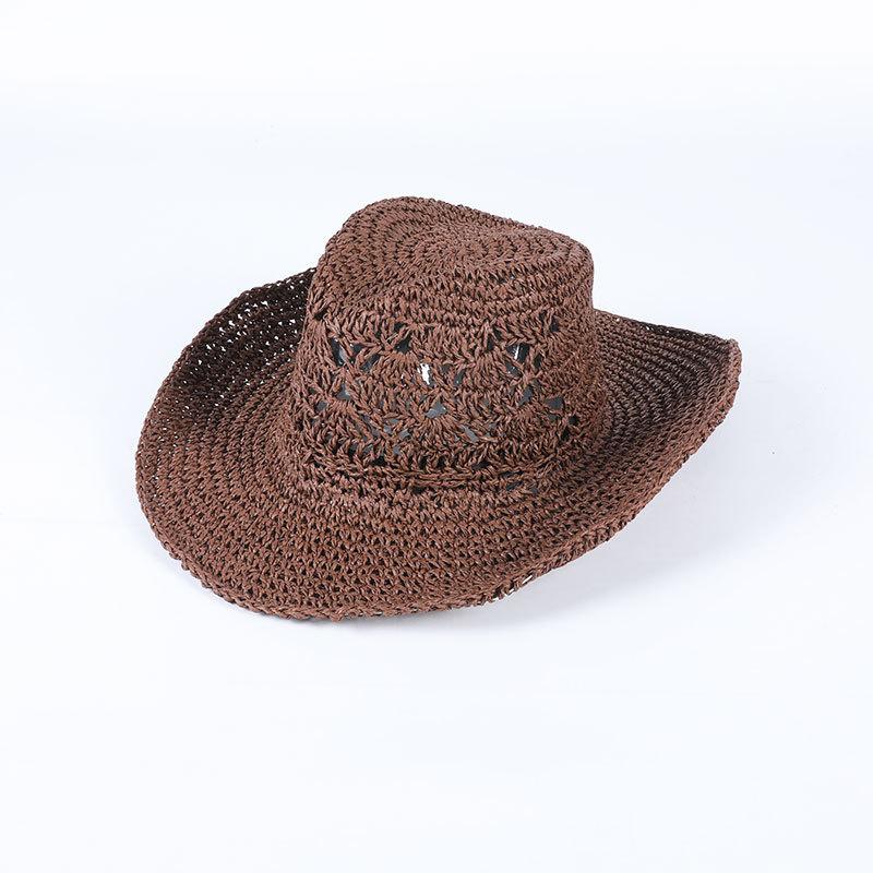 

Hollow crochet big brim jazz hat, British retro cowboy straw hat summer vacation beach hat children One Size коричневий