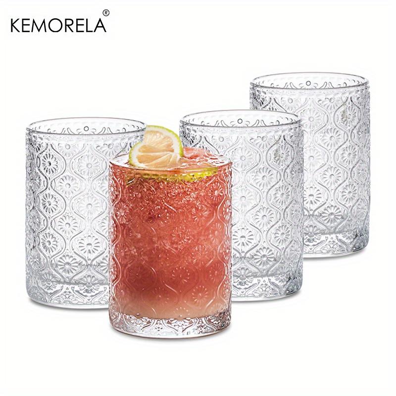 4PCS 400ML Round Glass Cups Vintage Glassware Embossed Pattern Style Transparent Cocktail Glasses Set For Bar Beverages Coffee